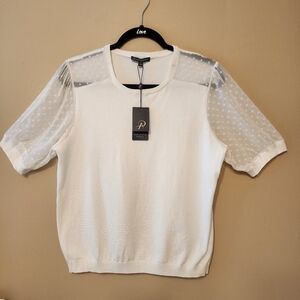 Adrianna Papell Womens Ivory with Sheer Clip Dot Sleeves Sweater Sz L